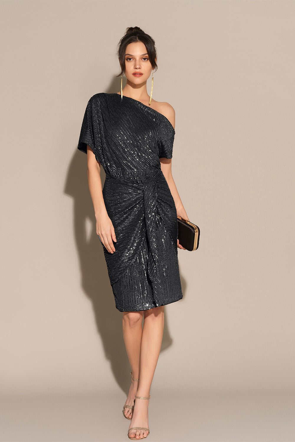 Rachel - Robe de soirée midi asymétrique à épaules dénudées et ornée de sequins